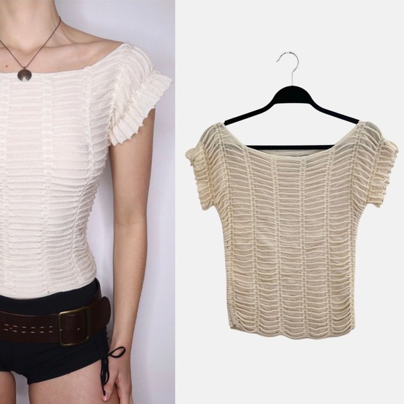 Armani Exchange Knit Y2K Top S Cream Silk Wool Ruffle Sleeve - Picture 1 of 7